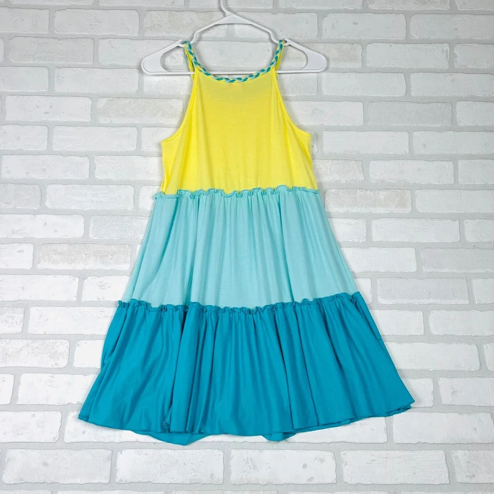 Zunie Girl Kids XL 14/16 Yellow Blue Tiered Colorblock Braided Strap Dress